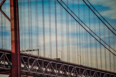 Low angle view of suspension bridge against sky