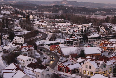 High angle view of houses in town