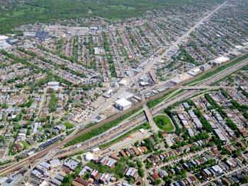 High angle view of street amidst buildings in city