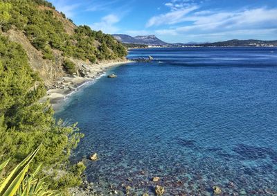 Scenic view of sea against blue sky