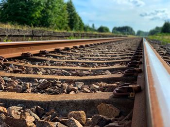 Surface level of railroad track against sky