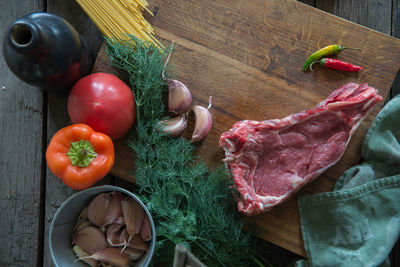 High angle view of fruits and vegetables on table