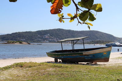 Boat moored on beach against clear sky