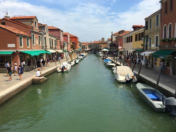 High angle view of boats in canal amidst buildings in city