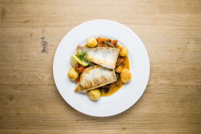 High angle view of food in plate on table