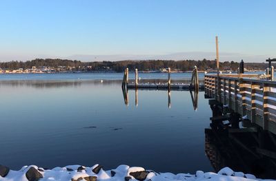 Scenic view of lake against clear blue sky