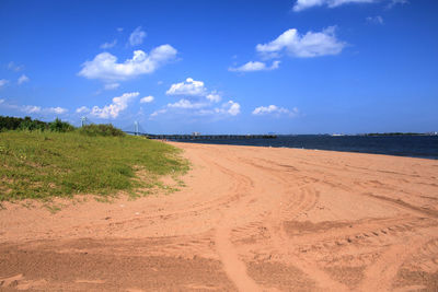 Scenic view of beach against blue sky