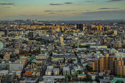 High angle view of cityscape against sky during sunset