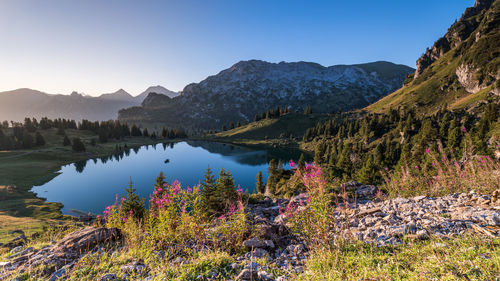 Scenic view of lake and mountains against sky