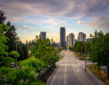 Road amidst trees and buildings against sky