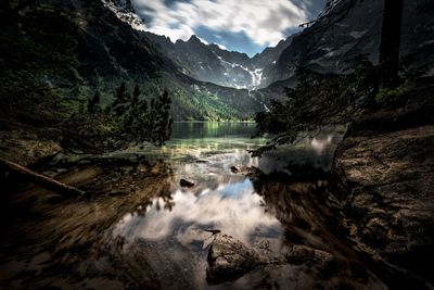 Scenic view of lake and mountains against sky