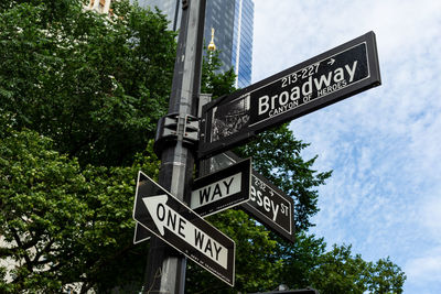 Low angle view of road sign against trees