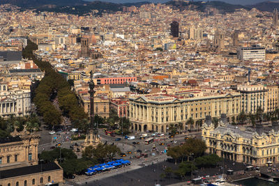 High angle view of la rambla and buildings in city