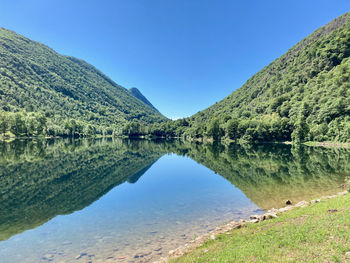 Scenic view of lake against clear blue sky