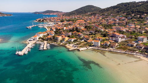 High angle view of boats in sea