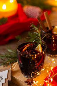 Close-up of christmas decorations on table