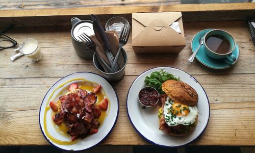 High angle view of breakfast served on table