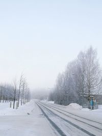 Snow covered trees against clear sky