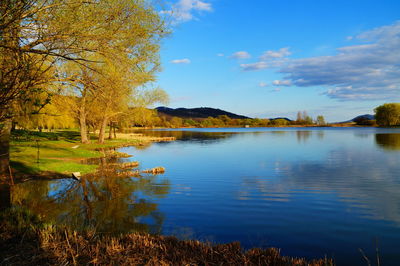 Scenic view of lake against blue sky