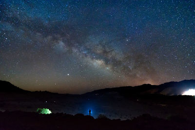 Scenic view of silhouette mountain against sky at night