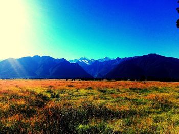 Scenic view of field and mountains against clear blue sky