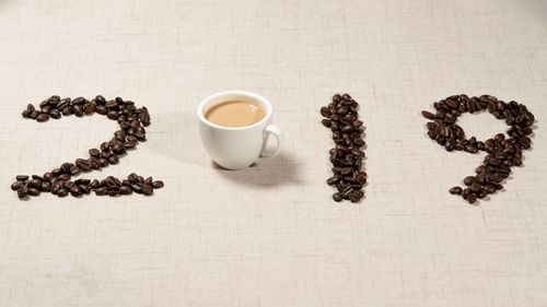 High angle view of coffee cup on table