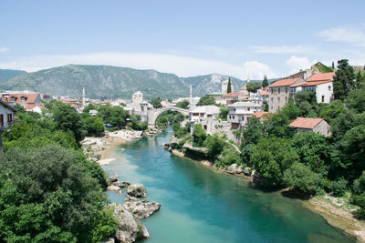 Scenic view of buildings in town against sky