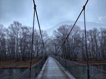 Empty footbridge amidst trees against sky