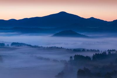 Scenic view of silhouette mountains against sky during sunset