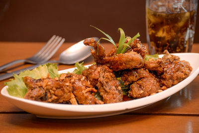 Close-up of meal served on table