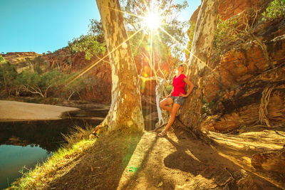 Full length of woman standing by tree in forest