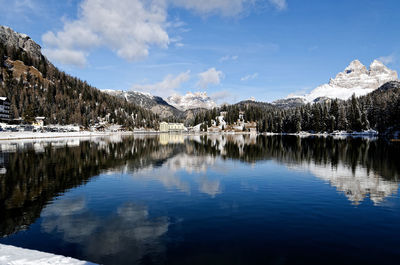 Scenic view of lake by snowcapped mountains against sky