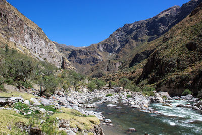 Scenic view of river and mountains against clear blue sky