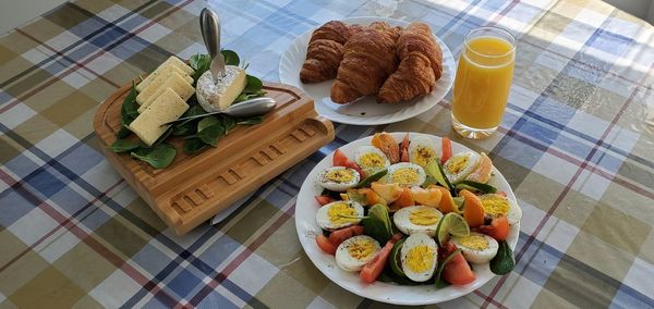 High angle view of fruits in plate on table