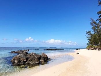 Scenic view of beach against blue sky