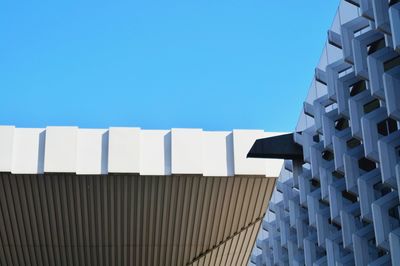 Low angle view of built structure against clear blue sky