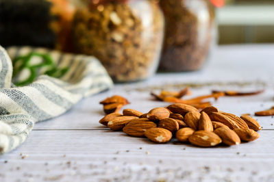 Close-up of almonds on table