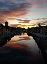 Scenic view of river by buildings against sky during sunset