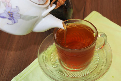 High angle view of coffee cup on table