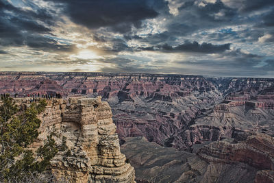 Aerial view of rock formations against cloudy sky