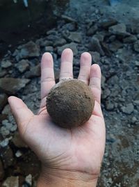 High angle view of human hand on rock