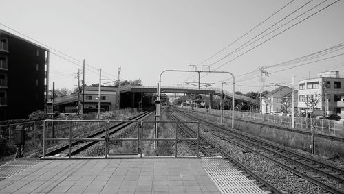 Railroad station platform against clear sky