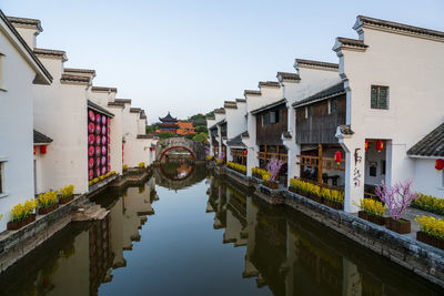 Canal amidst buildings against clear sky