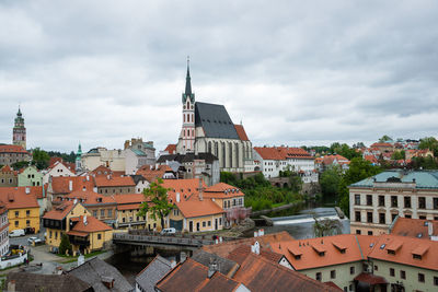 High angle view of buildings in city against sky