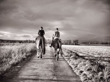 Rear view of people riding horse on field