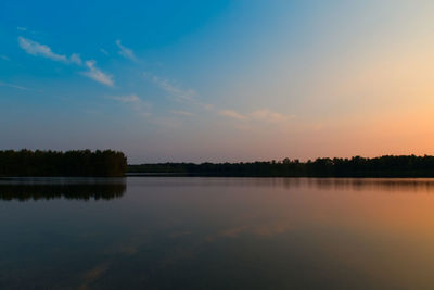 Scenic view of lake against sky at sunset