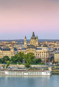 View of st. stephen's basilica from fisherman bastion at sunset, hungary