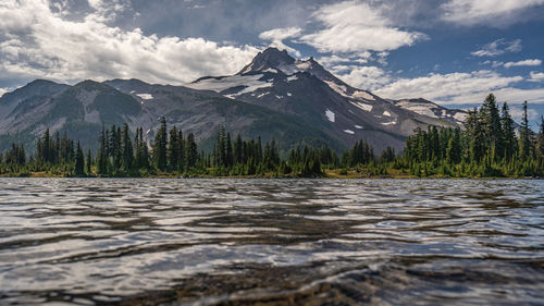 Scenic view of lake and mountains against sky