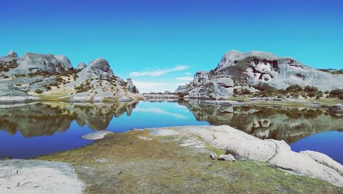 Scenic view of lake against clear blue sky