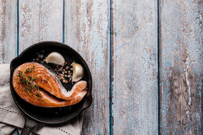 High angle view of fish in bowl on table